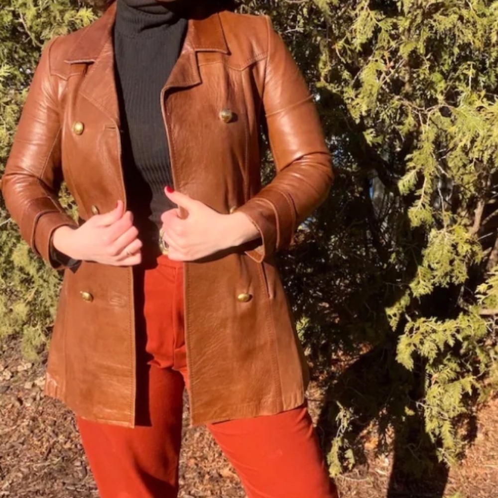 Leather Vintage brown lined coat size S/M - Picture 3 of 15